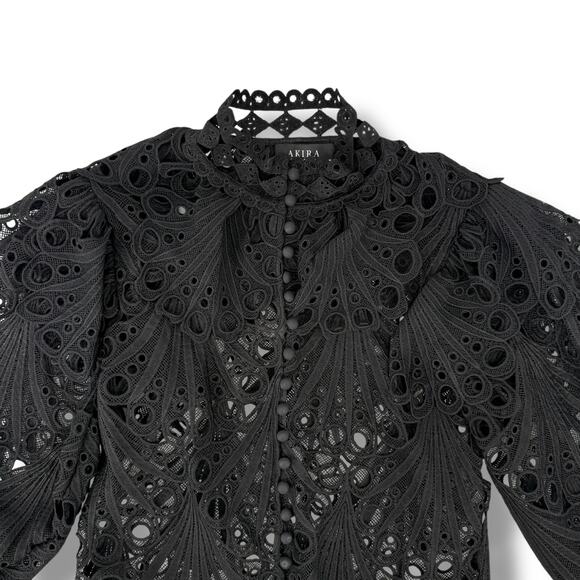 Akira Sheer Eyelet Cutout Shirt High Collar Bell Sleeve Womens Sz Medium Black - Picture 2 of 7